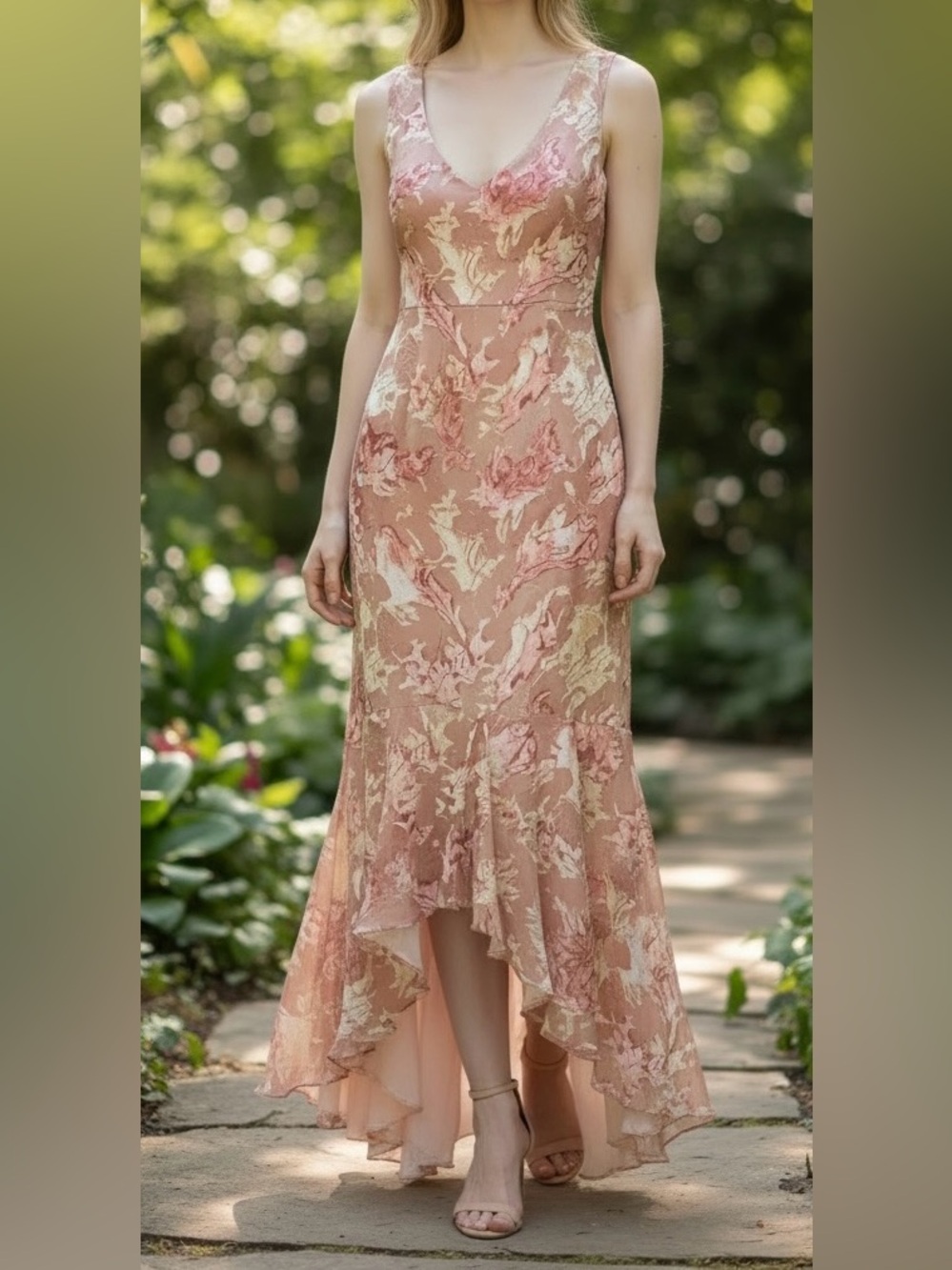 Escada Floral V-Neck High-Low Evening Dress in Dusty Rose size small. NWT